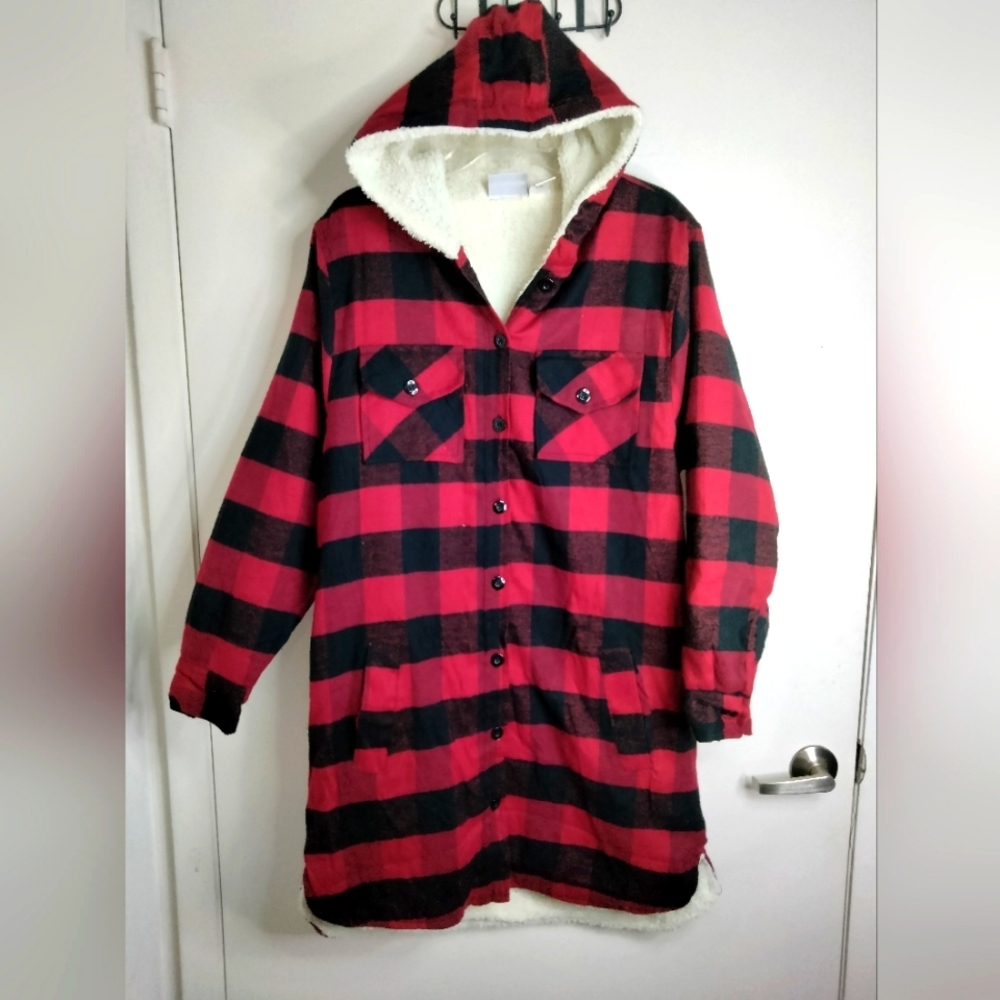 Madison Taylor (Size XL) Black/Red Buffalo Plaid Button Sherpa Hood Parka Coat
